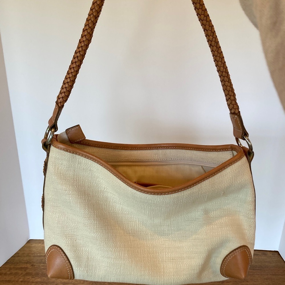 Fossil Womens Canvas Woven Leather Trim Shoulder Bag Brown Cream Classic - Picture 11 of 12